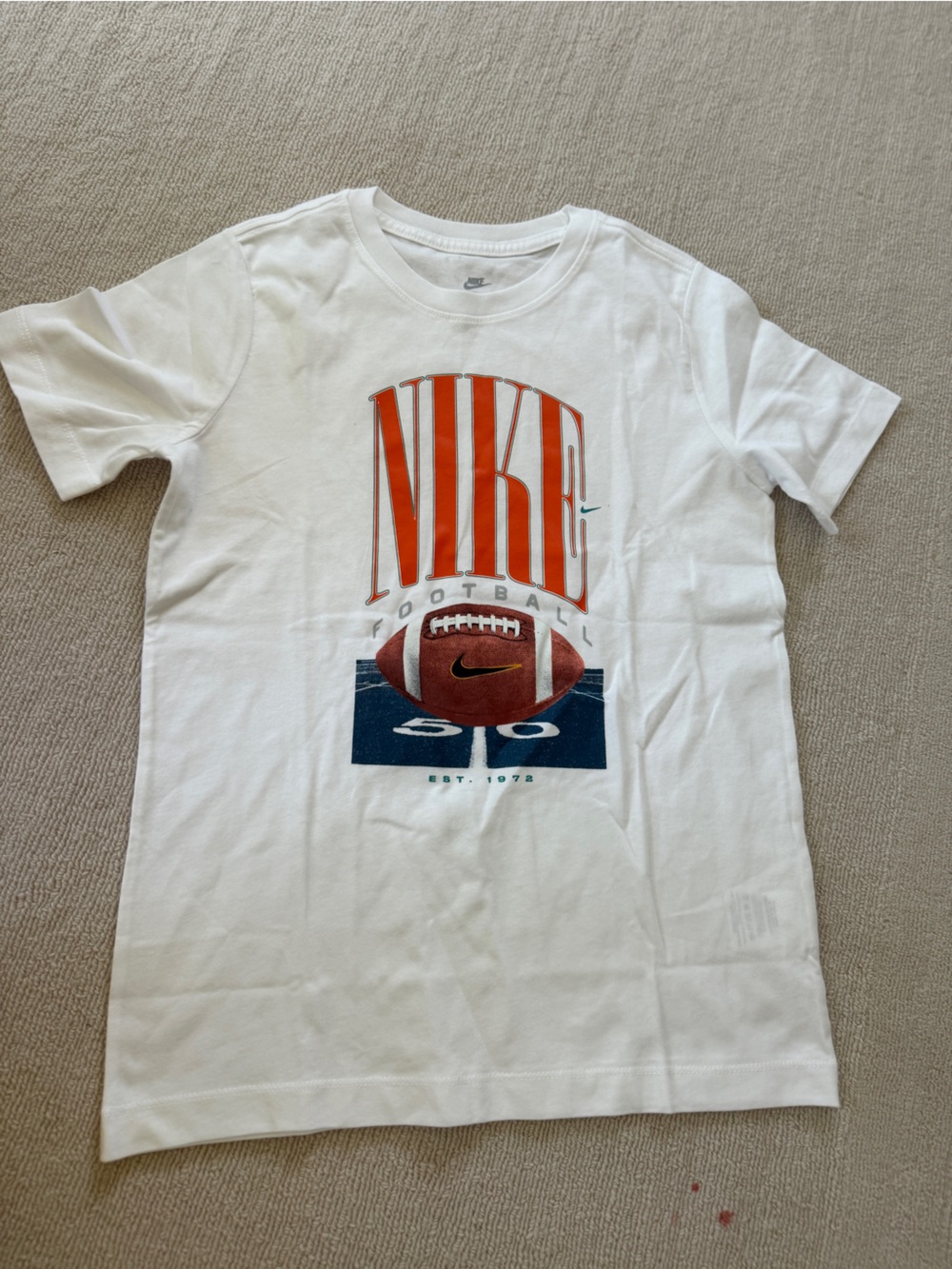 Nike White Tee with Teal Logo and Orange Accent